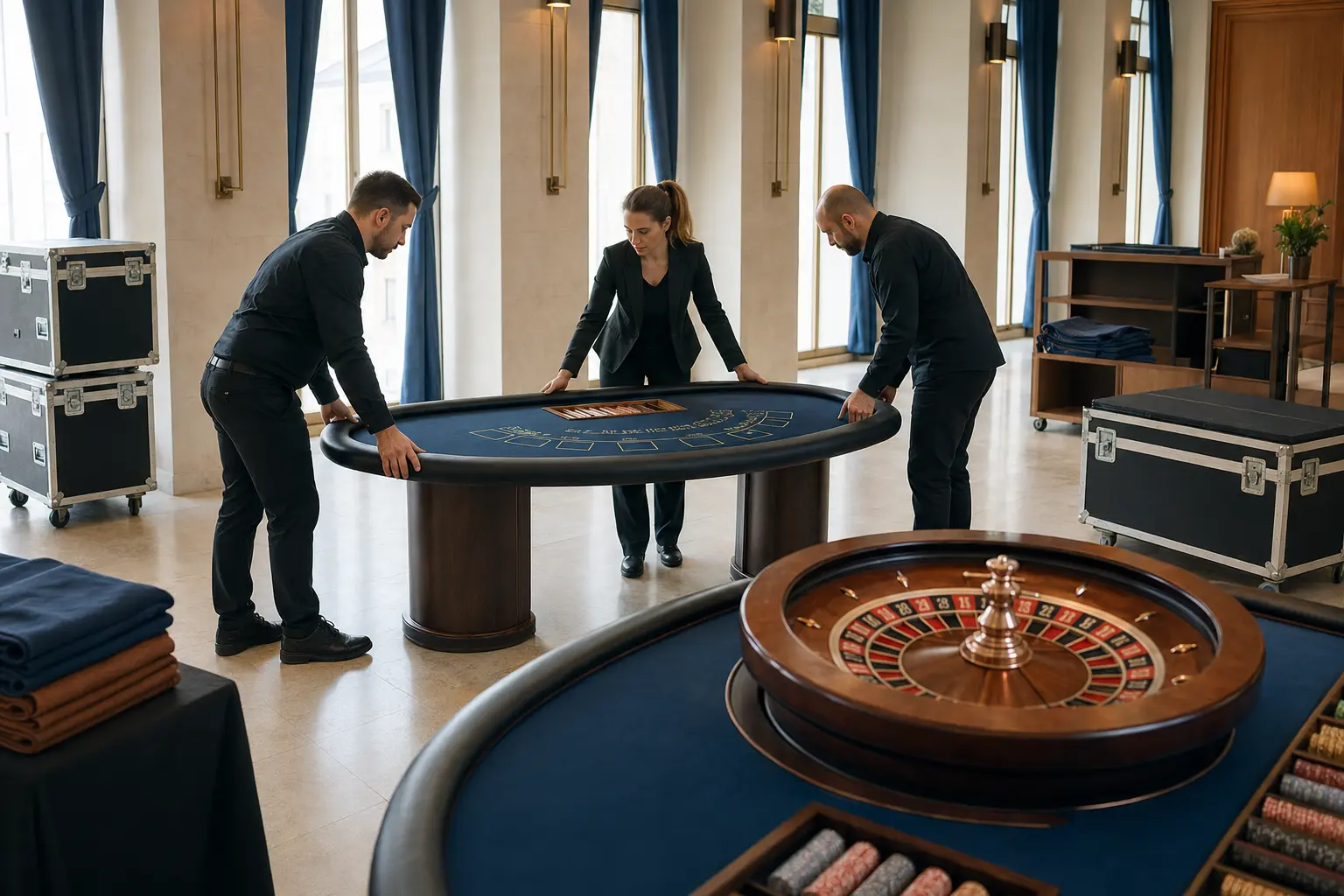 Mobil rulett- és kártyaasztalok telepítése egy elegáns rendezvényhelyszínen